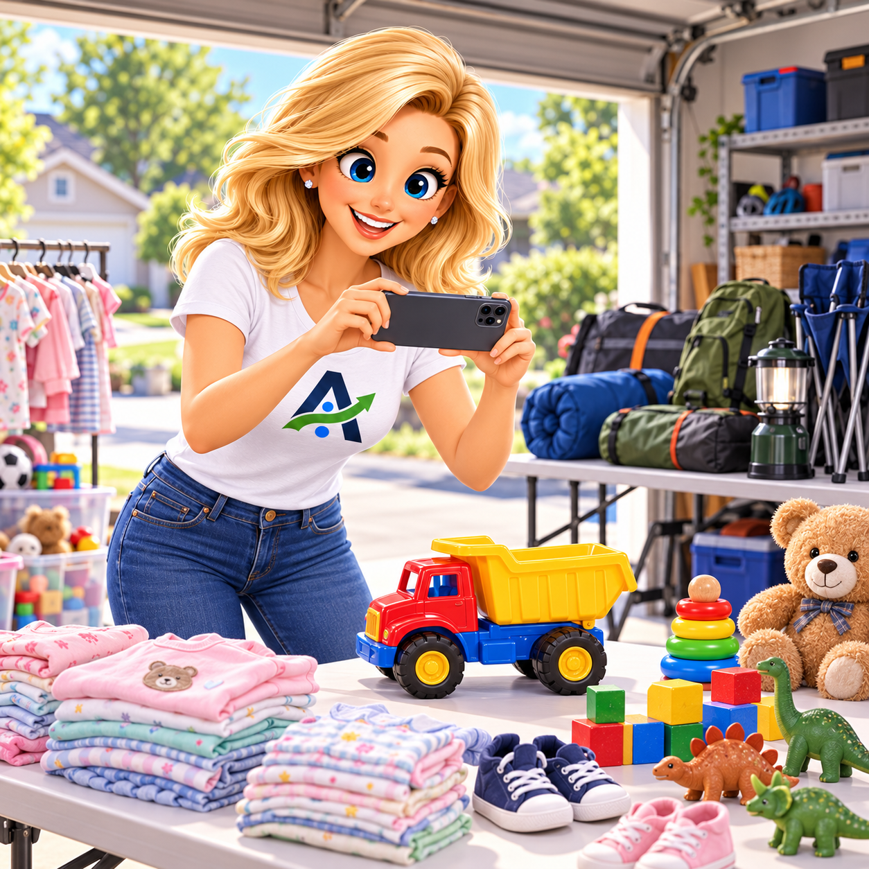 A young adult Annie photographs toys in her garage, with baby clothes stacked on folding tables and camping gear ready to list.
