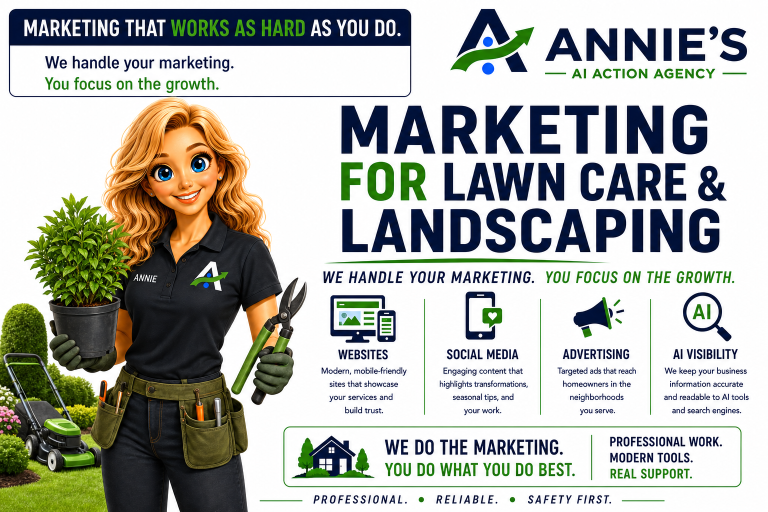 Illustrated landscaping professional Annie holding a potted plant and garden tools while presenting websites, social media, advertising and AI visibility services