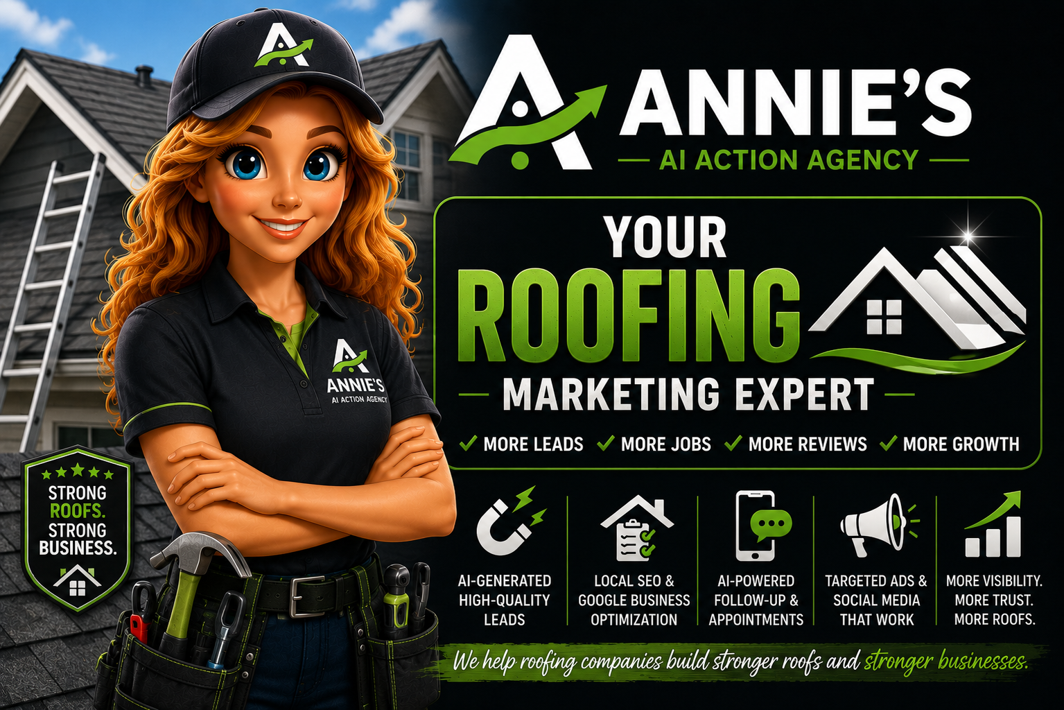 Illustrated roofing marketer Annie beside a ladder and roofing graphics describing local SEO, leads, social media, advertising and AI visibility; temporary older-design slab awaiting replacement