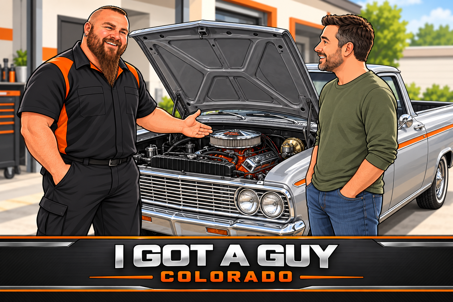 Jason discussing a classic car repair with a customer — branded illustration