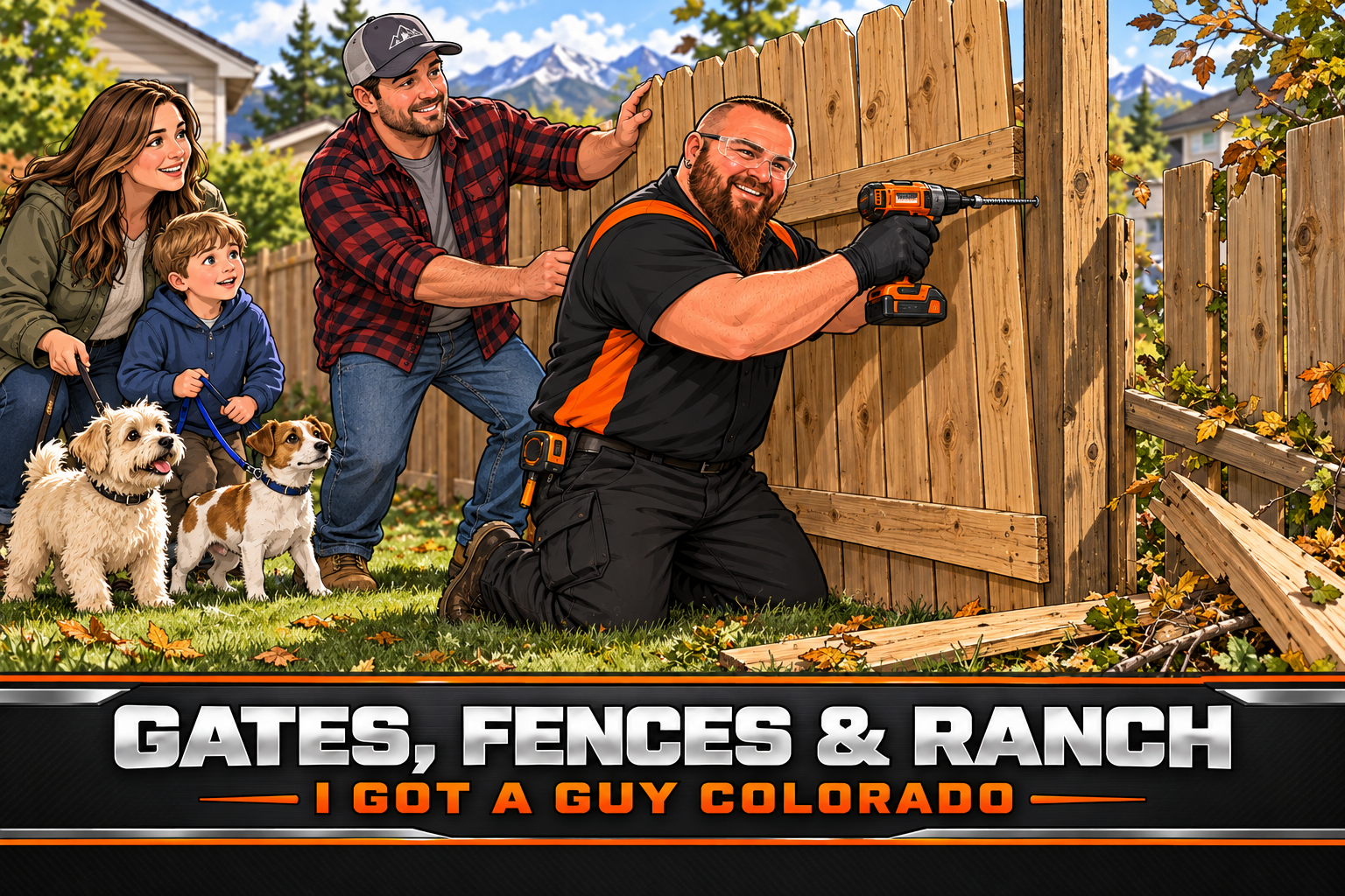 Jason repairing a wind-damaged wood fence for a family with two small dogs — branded illustration