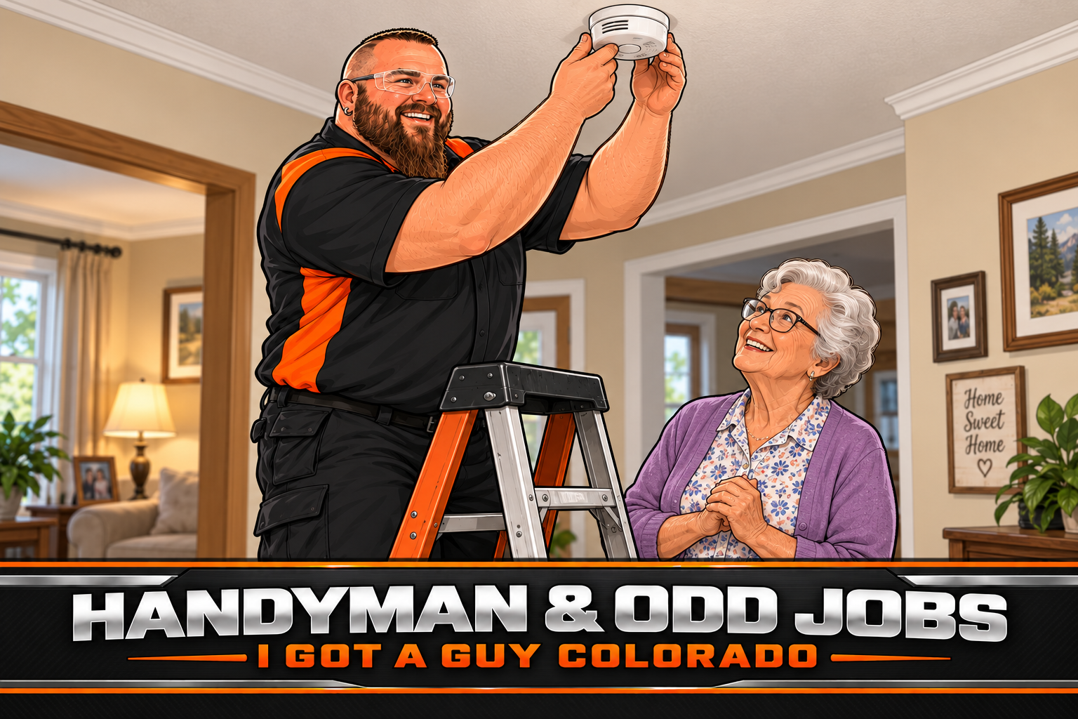 Jason replacing a smoke detector for an older customer — branded illustration