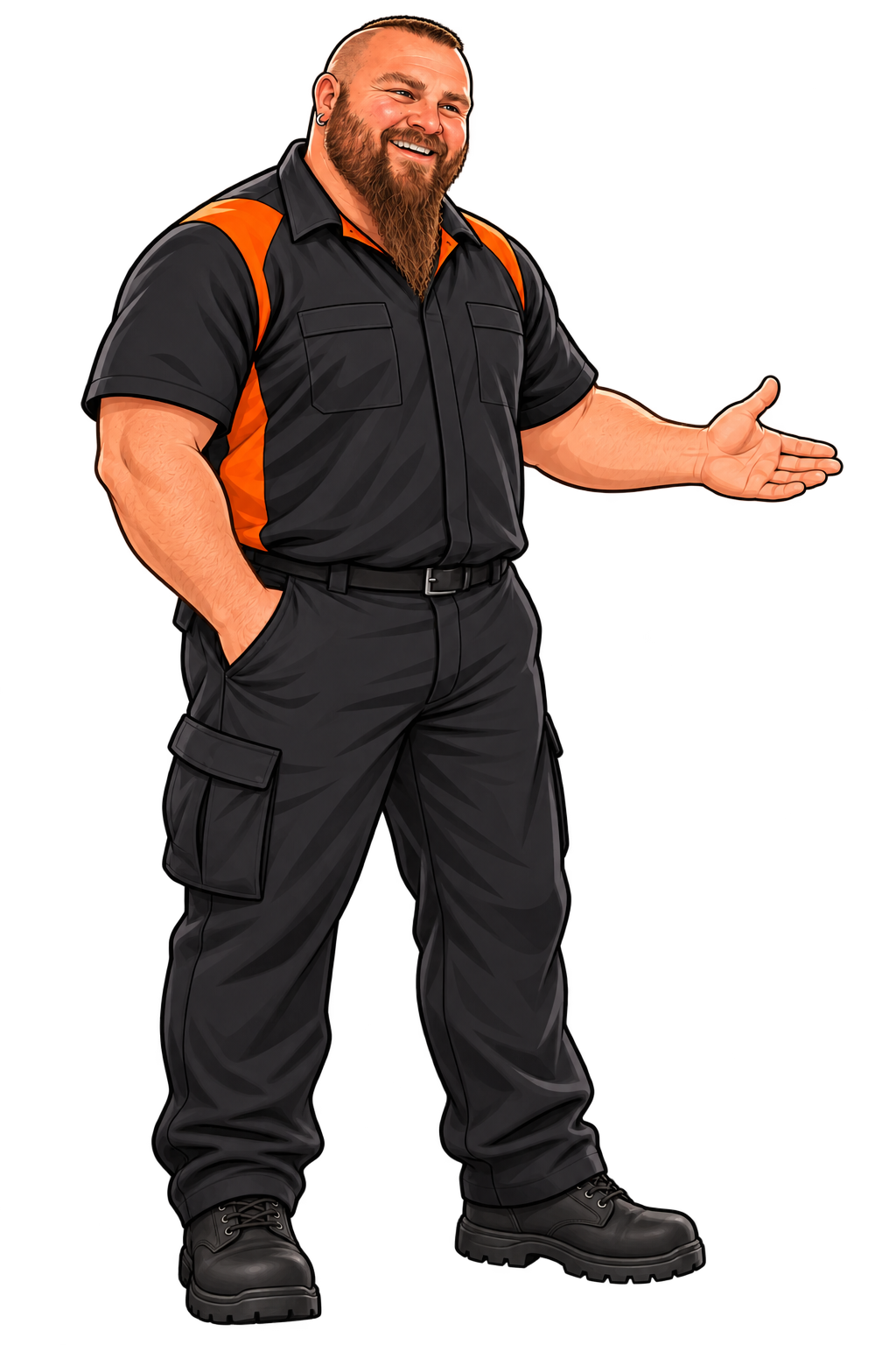 Illustrated portrait of Jason Bohling in black and orange workwear