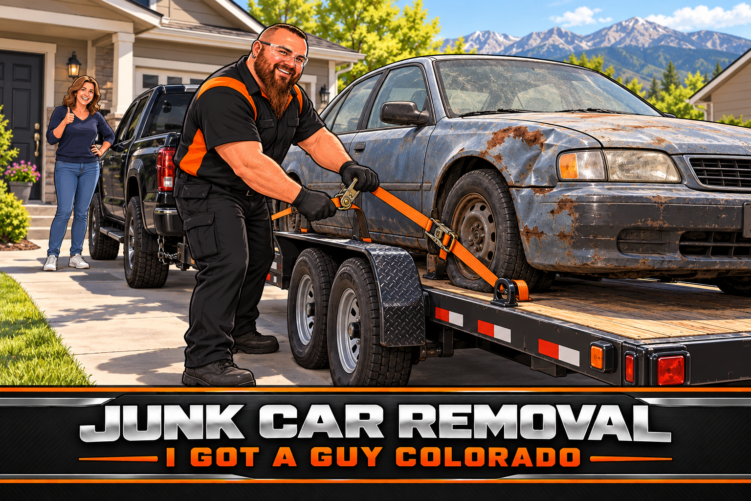 Jason securing a non-running junk car to a hauling trailer — branded illustration