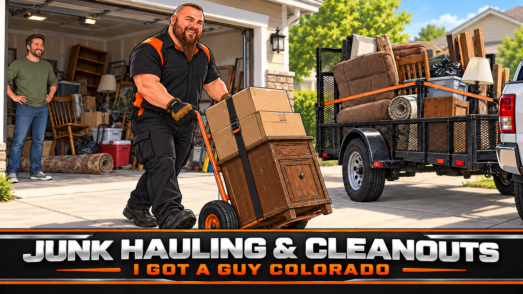 Jason hauling garage cleanout items to a trailer — branded illustration