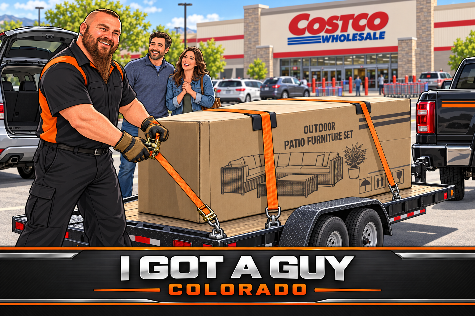 Jason securing a boxed patio set on a trailer outside Costco — branded illustration