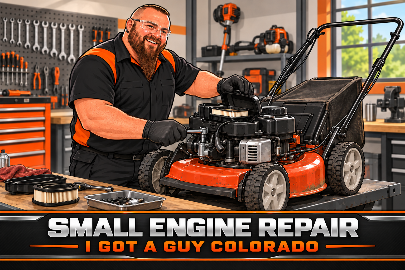 Jason repairing a lawnmower engine — branded illustration