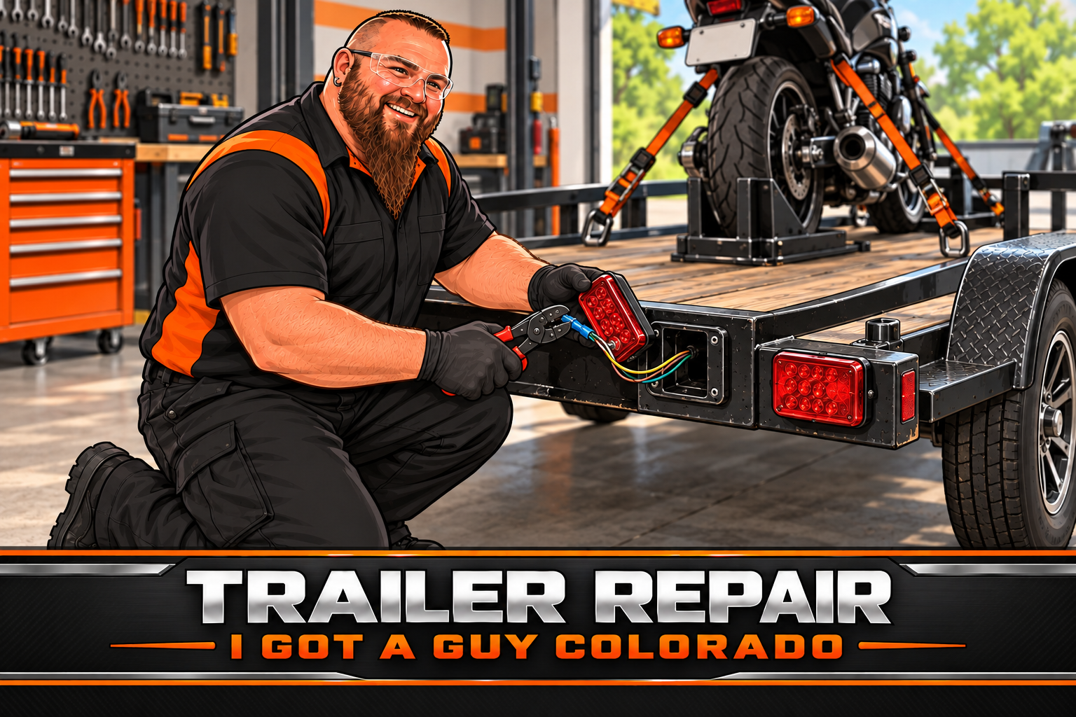 Jason repairing the rear light wiring on a motorcycle trailer — branded illustration
