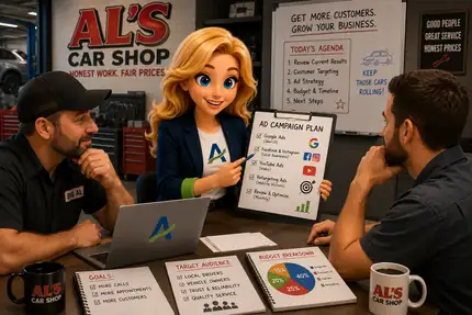 Annie helping an auto shop owner plan their ad campaign