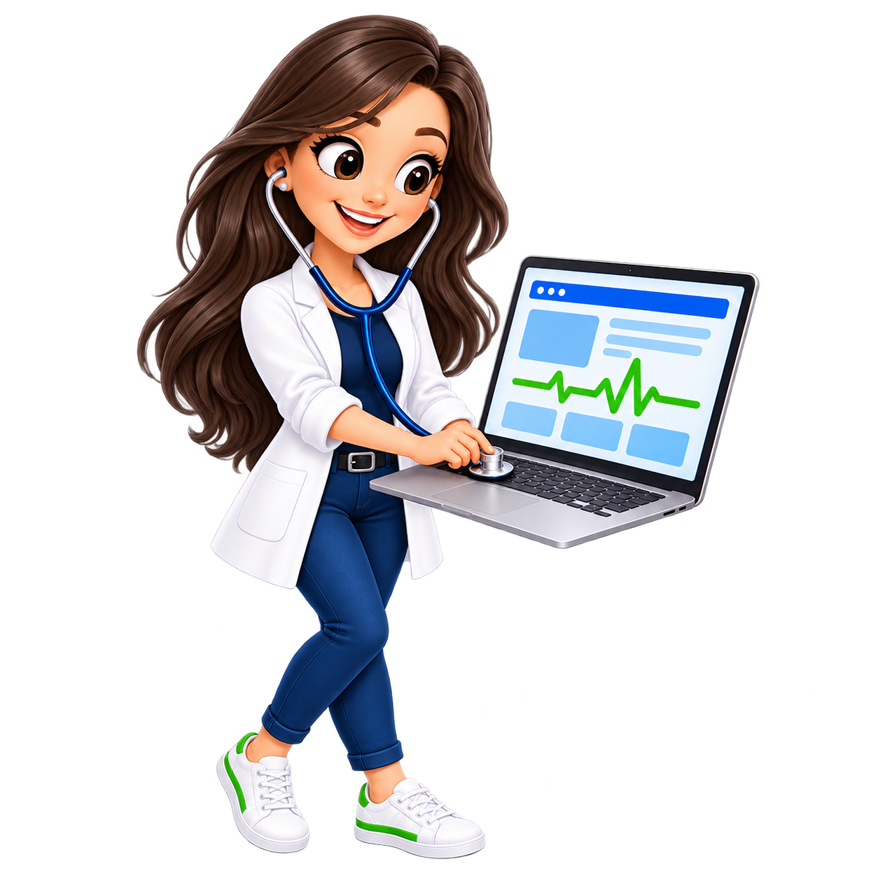 Brunette representative number 1 checking a laptop with a stethoscope