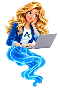 Annie, part AI, working at her laptop