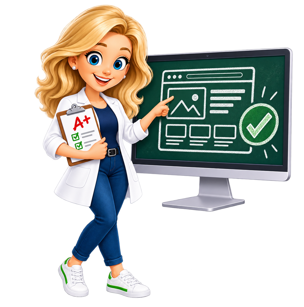 Teacher Annie holding an A-plus clipboard and pointing to a website drawn on a computer-monitor chalkboard behind her