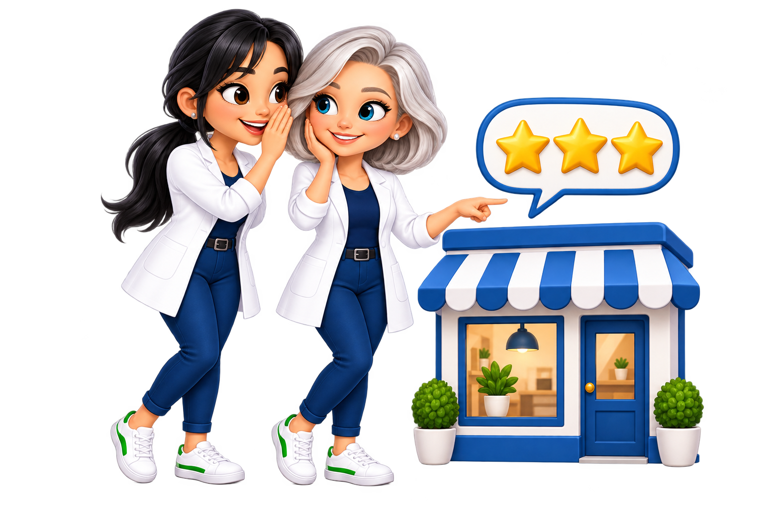 Two white-coated Annie representatives whispering and pointing to a business and its review stars