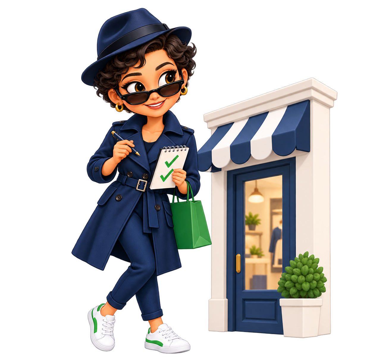Annie as an undercover shopper in a navy detective coat, with sunglasses, shopping bag and checklist beside a shop