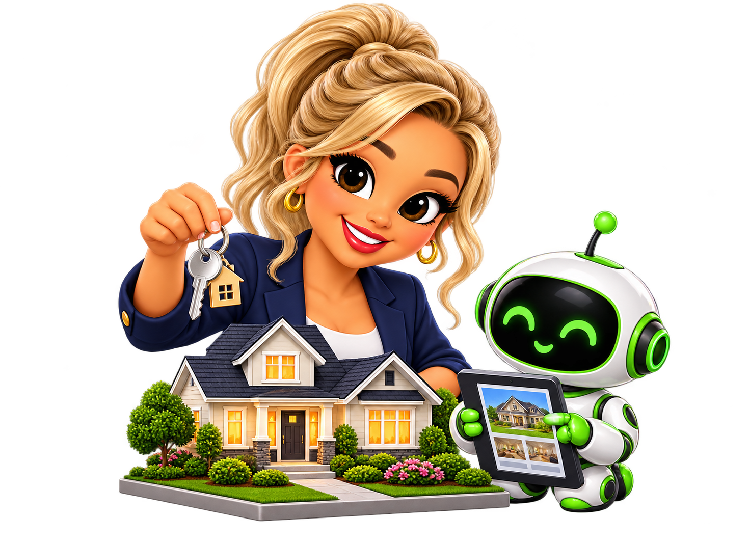 Annie presenting a home with keys and an AI assistant