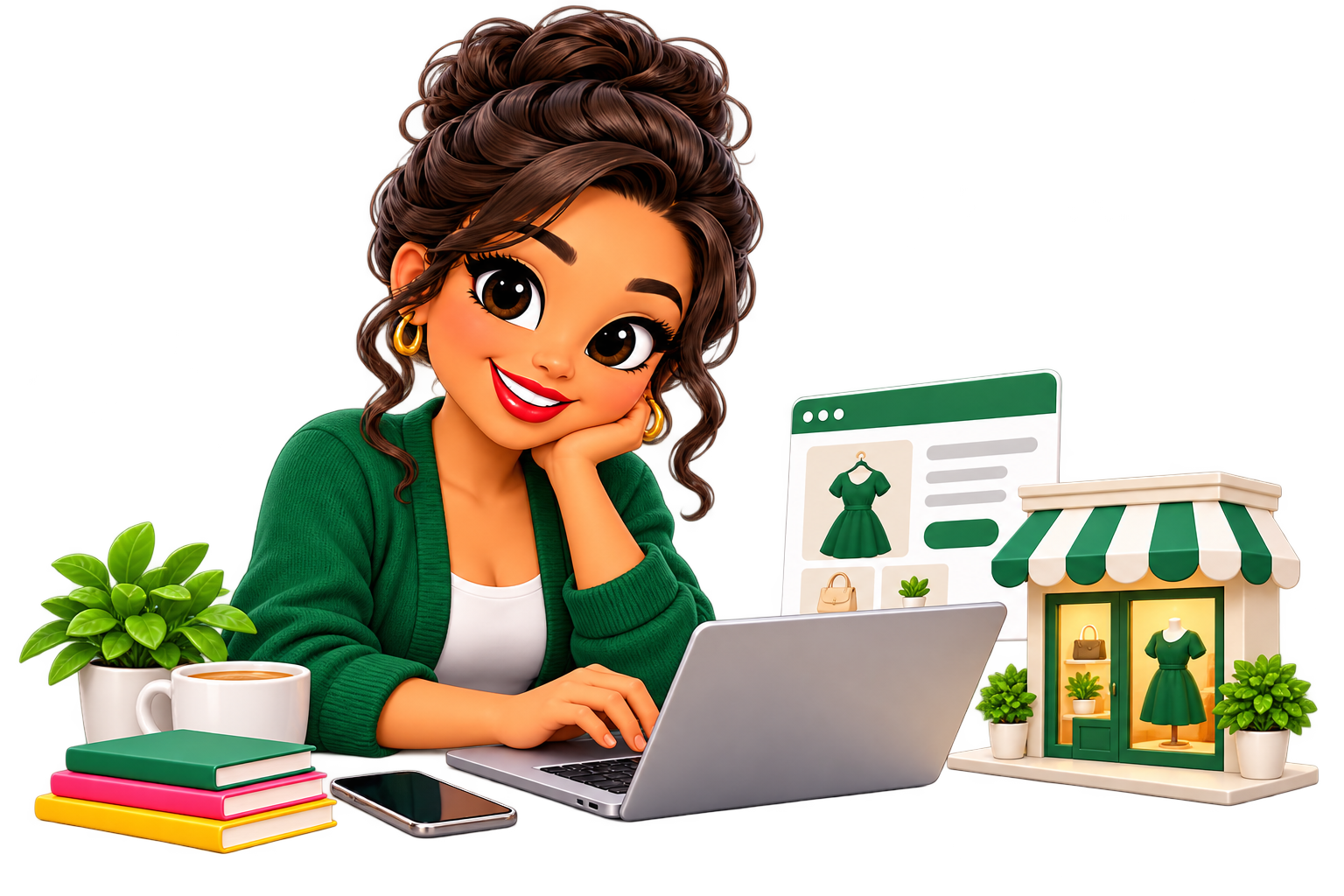 Annie building a website beside a miniature storefront