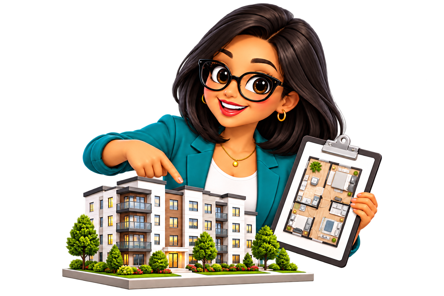 Annie pointing to an apartment building and floorplan