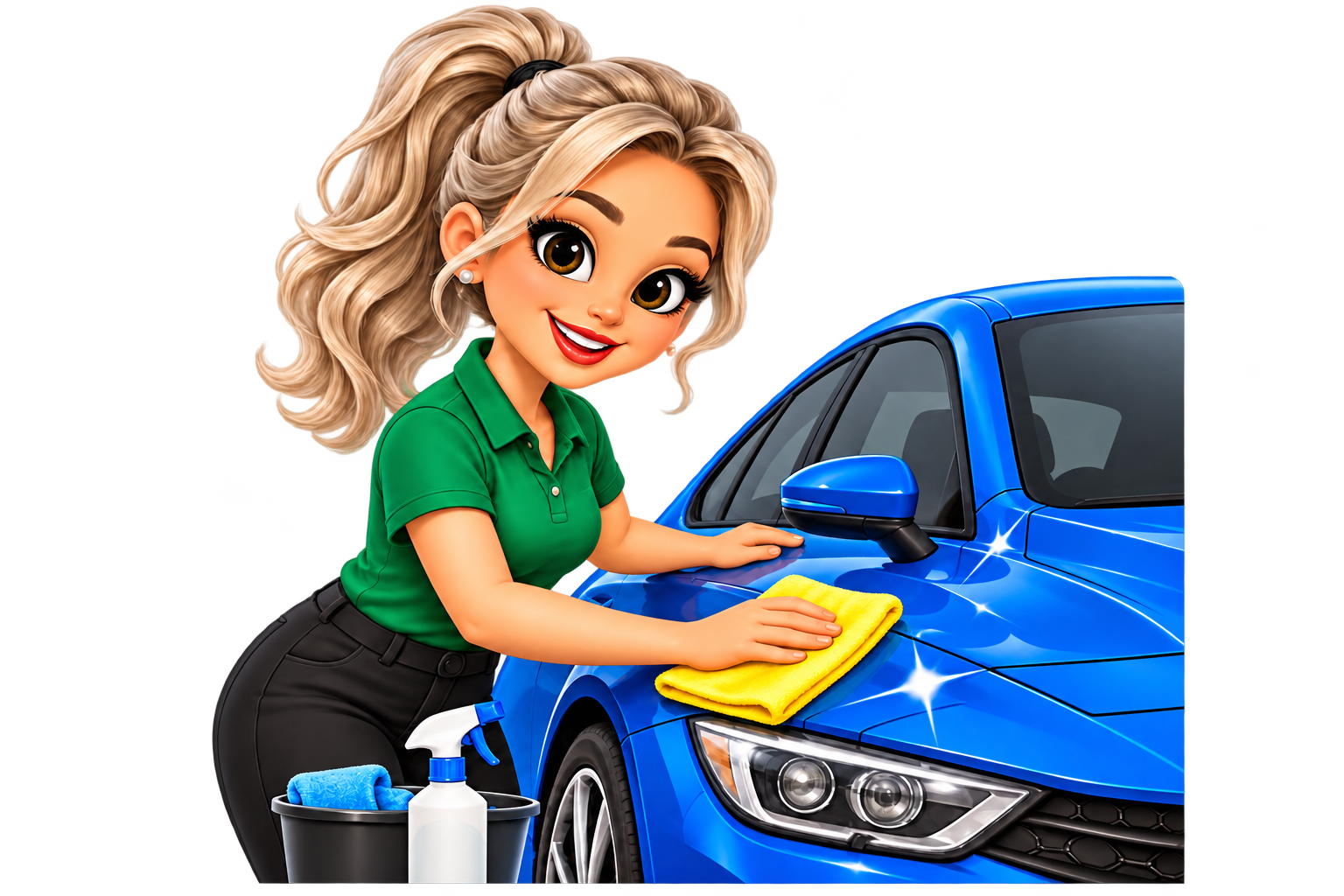 Annie polishing a blue car