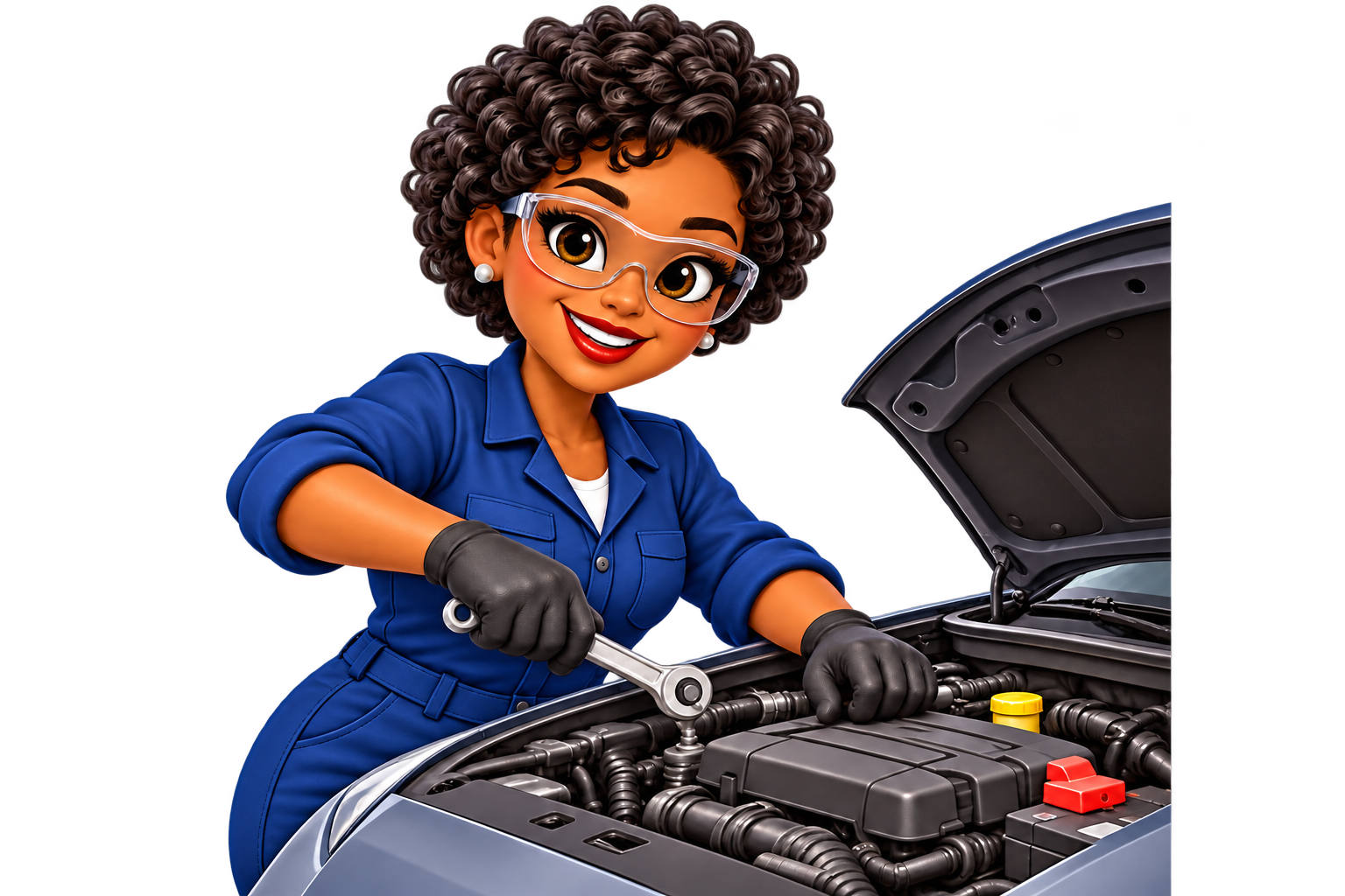 Annie using a wrench on a car engine