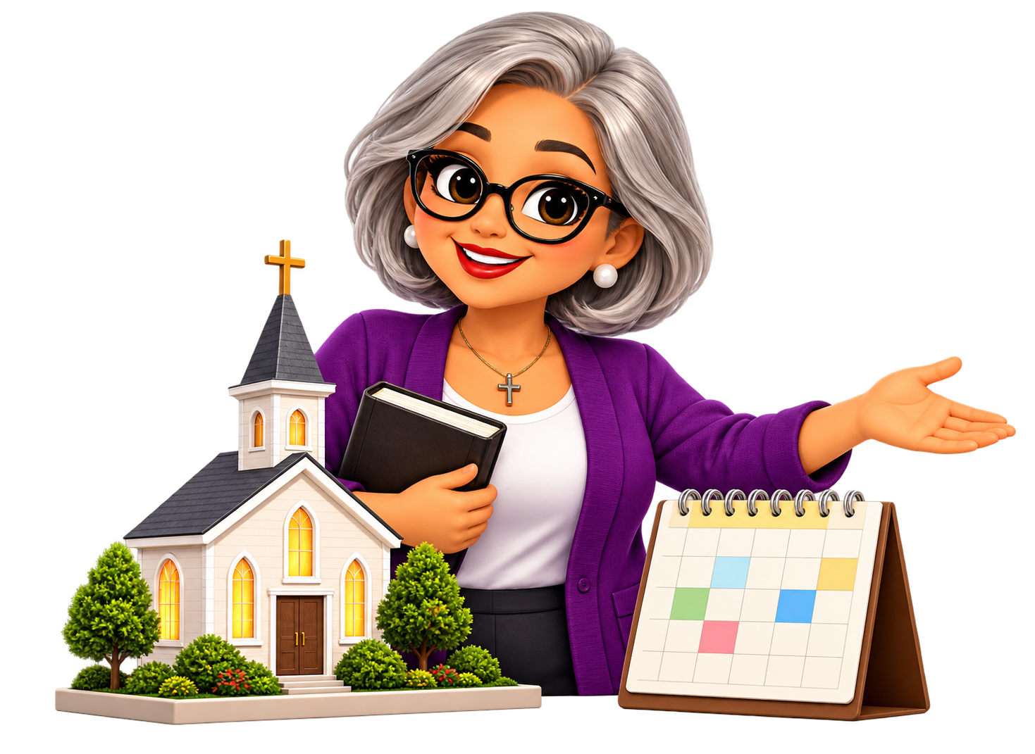 Silver-haired Annie welcoming visitors beside a church and calendar