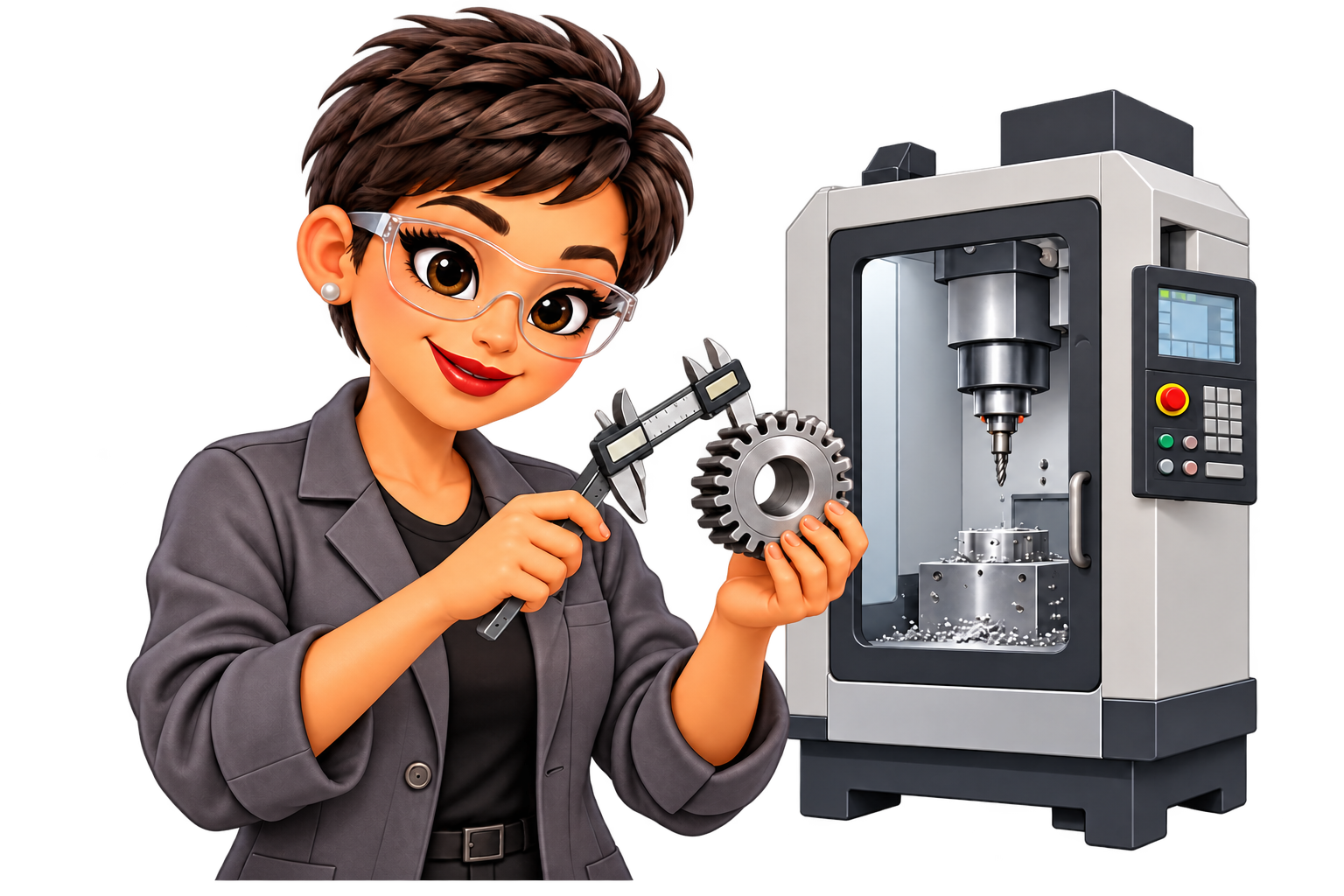 Annie measuring a metal gear with calipers beside a CNC machine