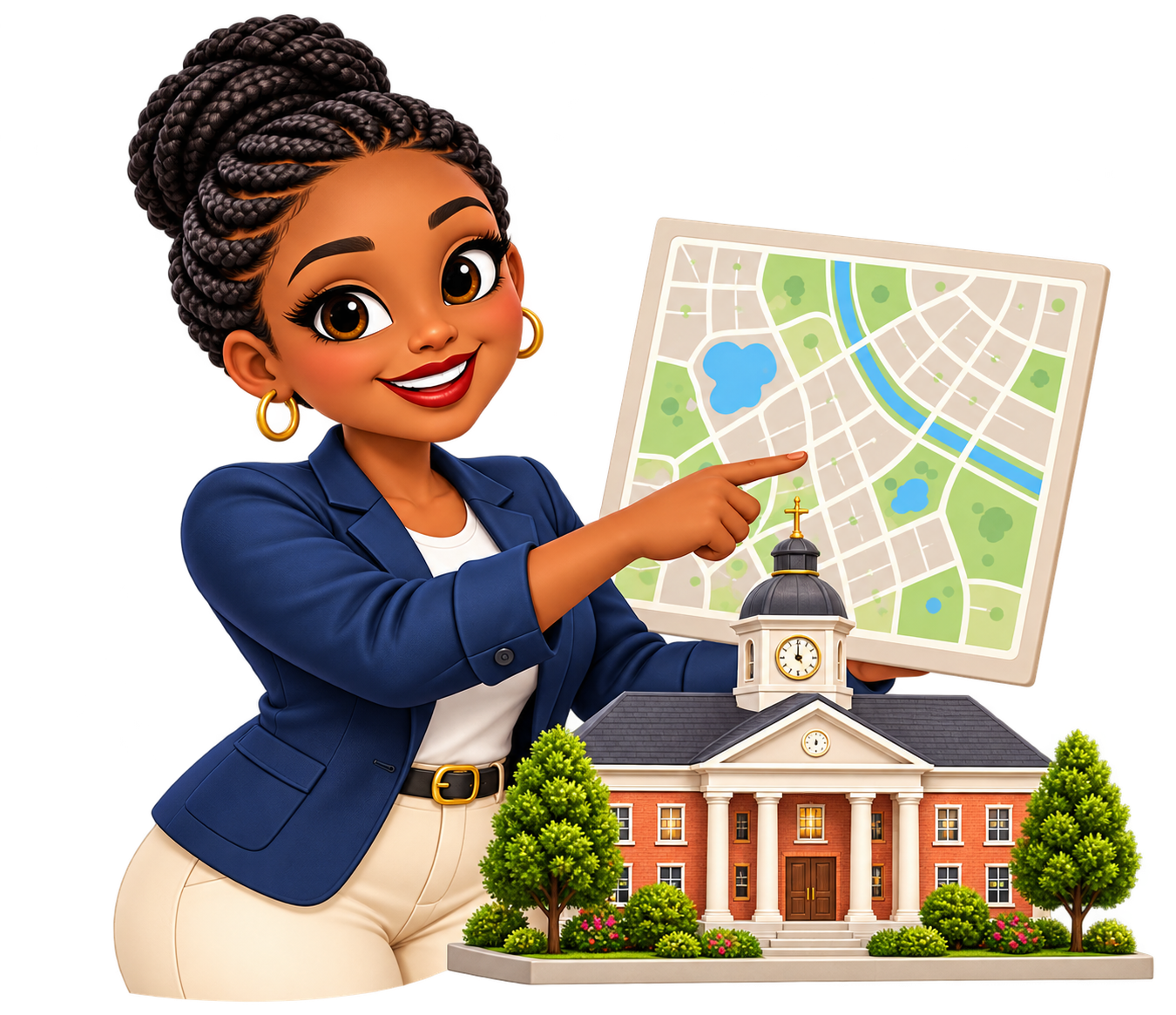 Annie pointing to a town map beside a town hall