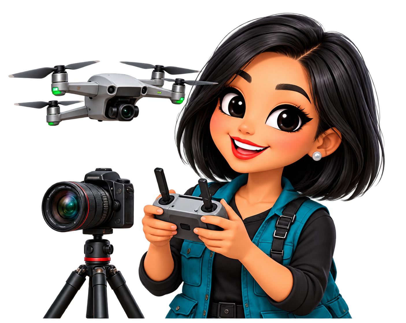 Annie operating a drone beside a camera on a tripod