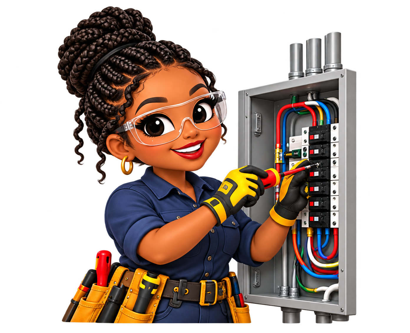Annie working at an electrical panel with safety glasses and insulated tools