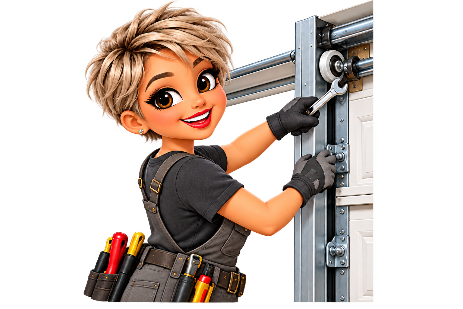 Annie using a wrench on a garage door roller track