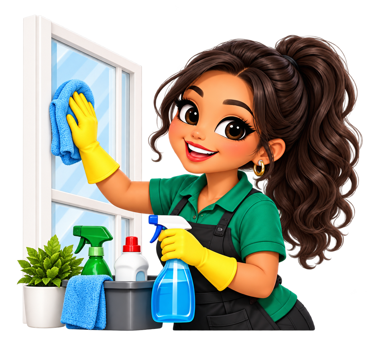 Annie cleaning a window with yellow gloves and cleaning supplies