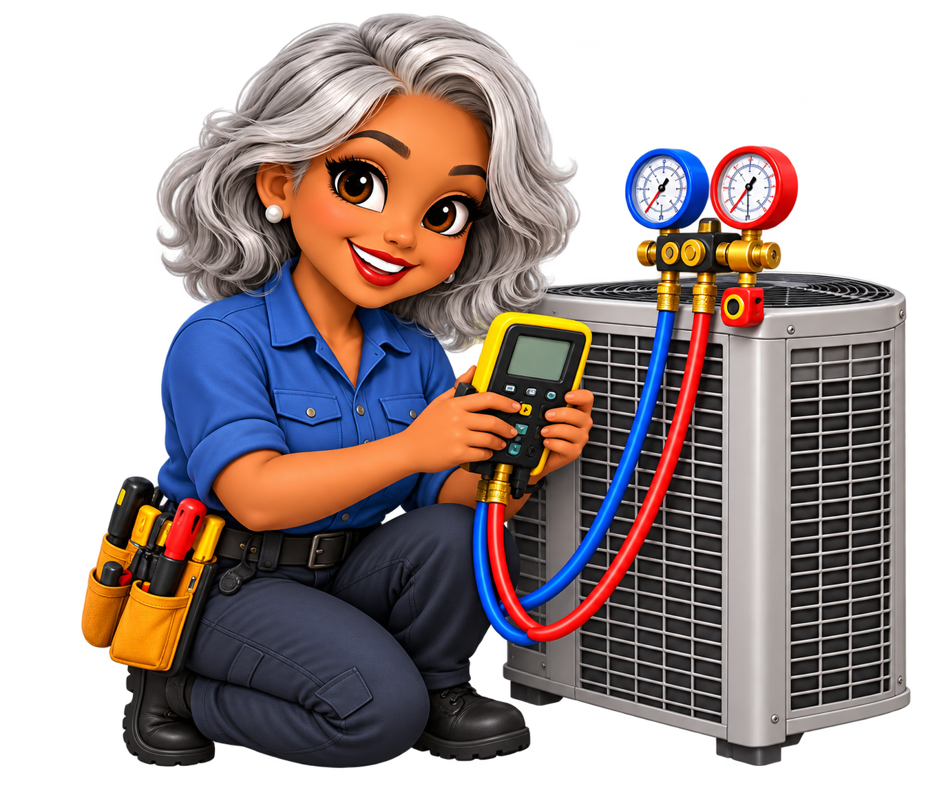 Silver-haired Annie checking an air conditioner with a diagnostic meter and gauges
