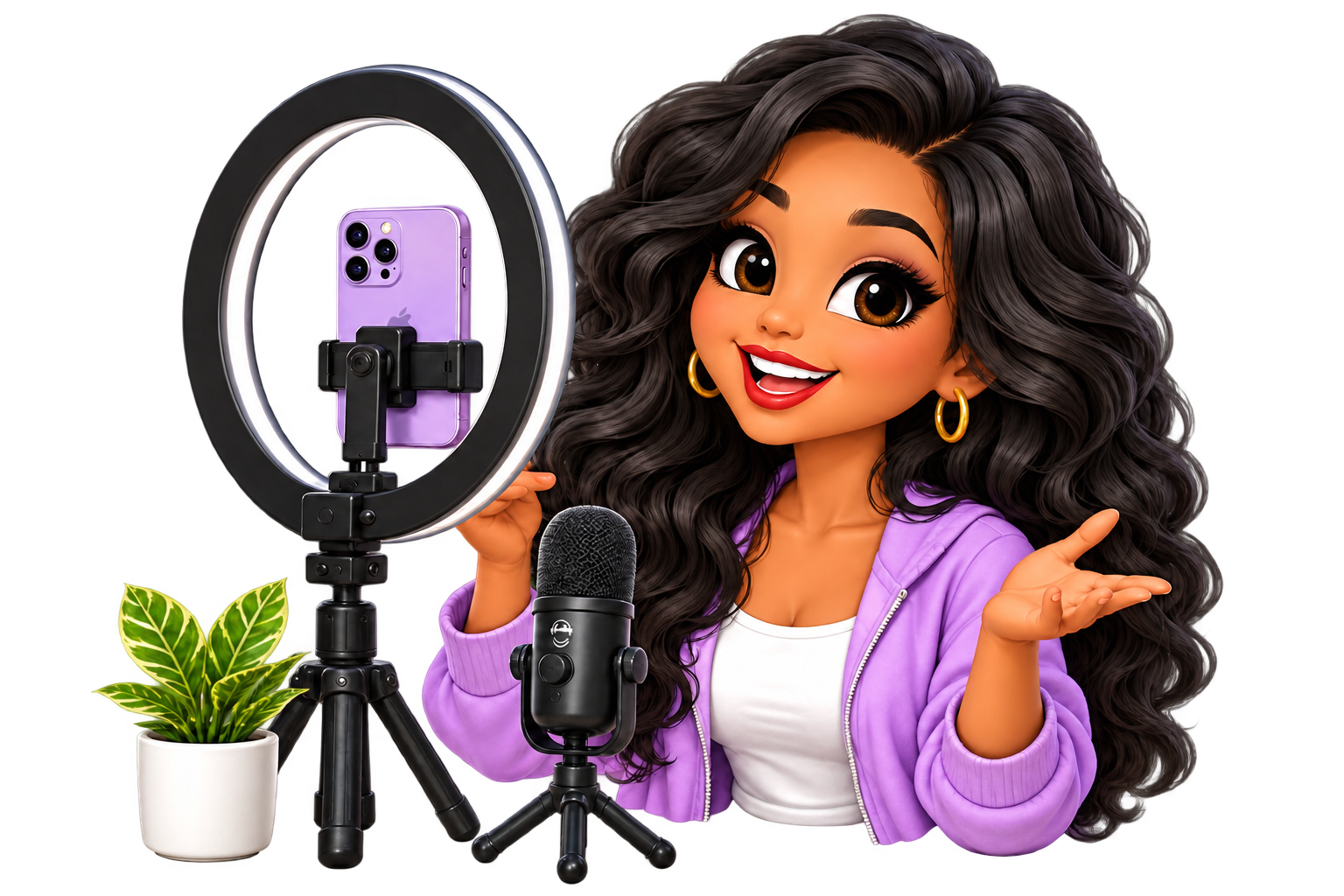 Annie recording with a smartphone ring light and microphone