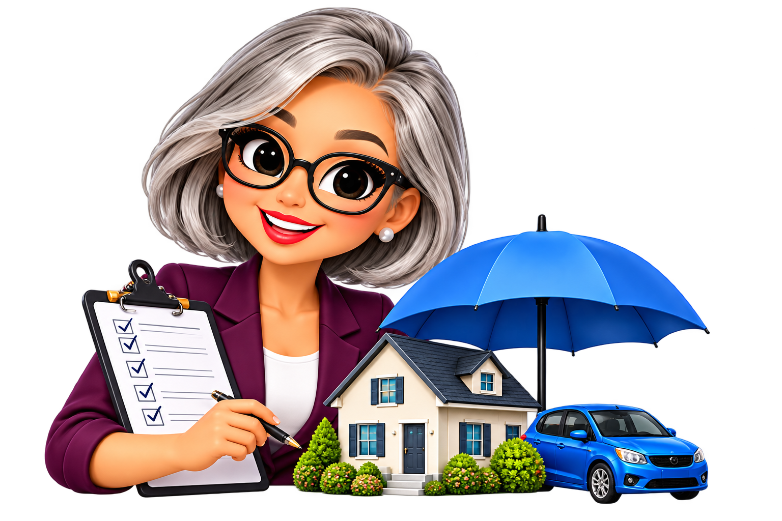 Silver-haired Annie reviewing insurance beside a house and car under an umbrella