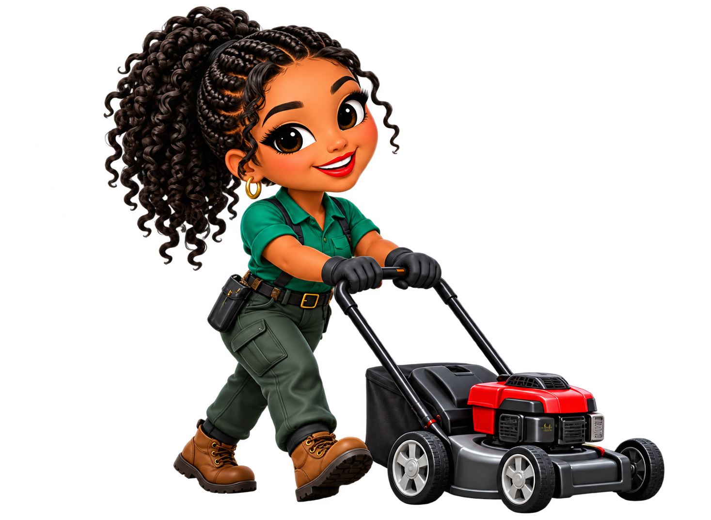Annie mowing a small lawn in green work clothes