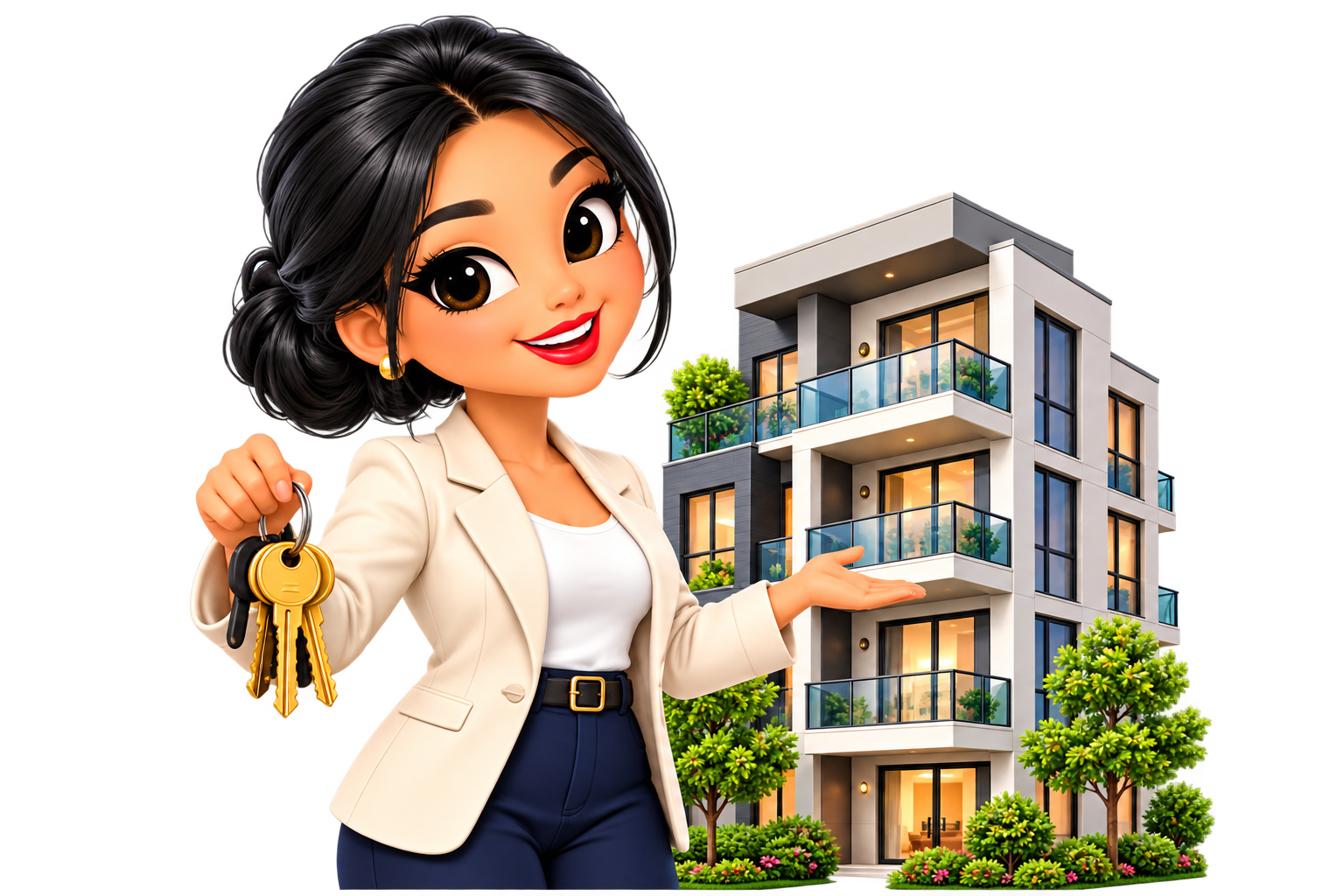 Annie presenting keys beside a luxury apartment building