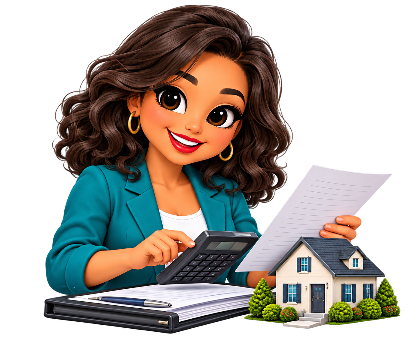 Annie reviewing mortgage paperwork with a calculator and model home