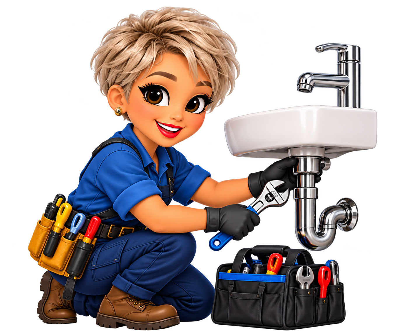 Blonde Annie tightening a sink drain pipe with a wrench