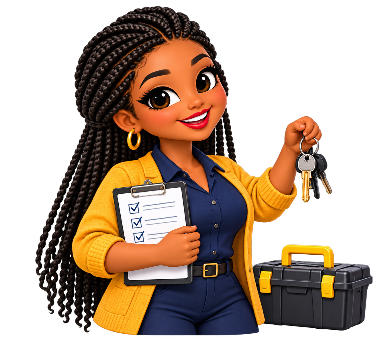 Annie inspecting an apartment building with keys, checklist and maintenance toolbox