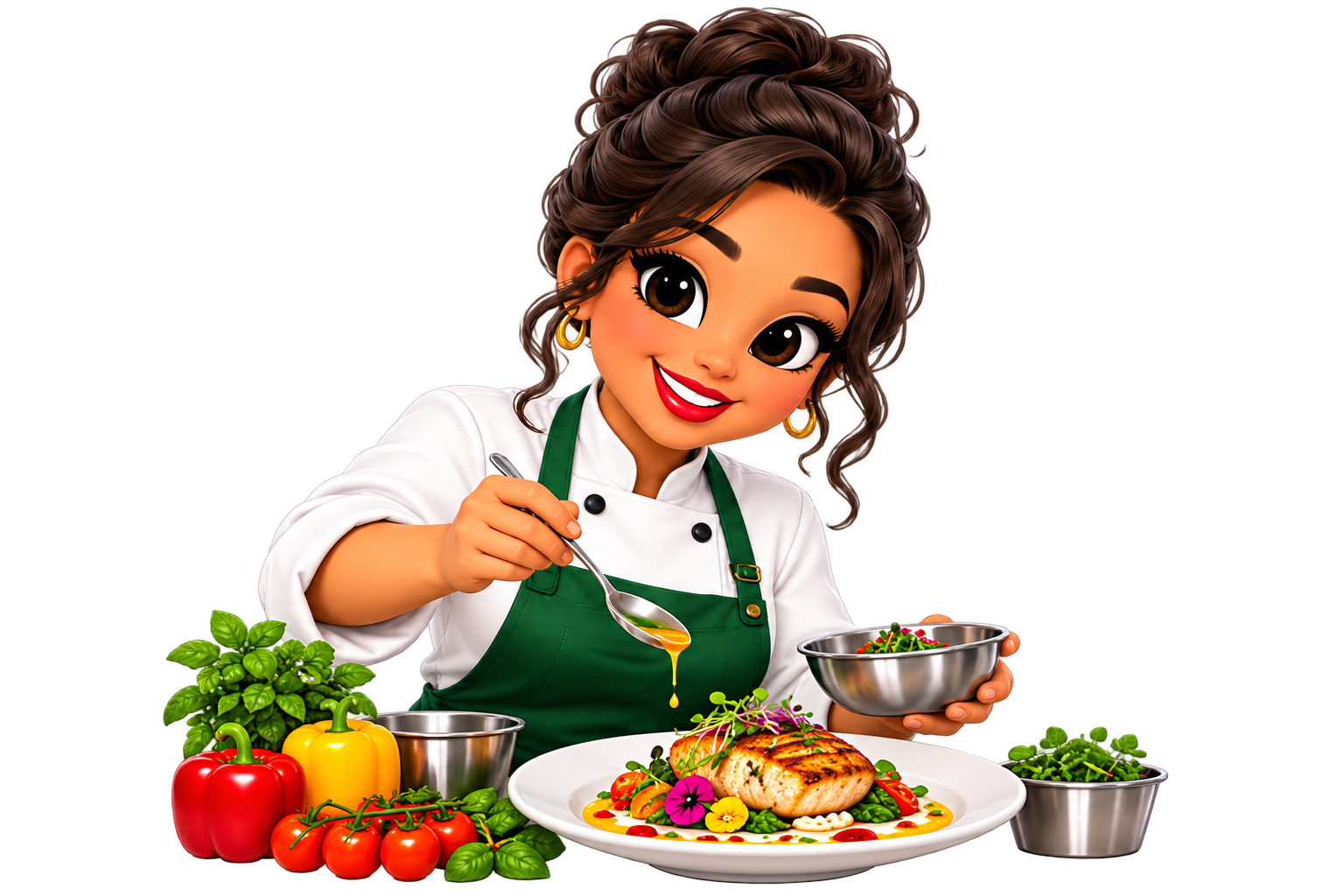 Chef Annie plating a meal with fresh vegetables