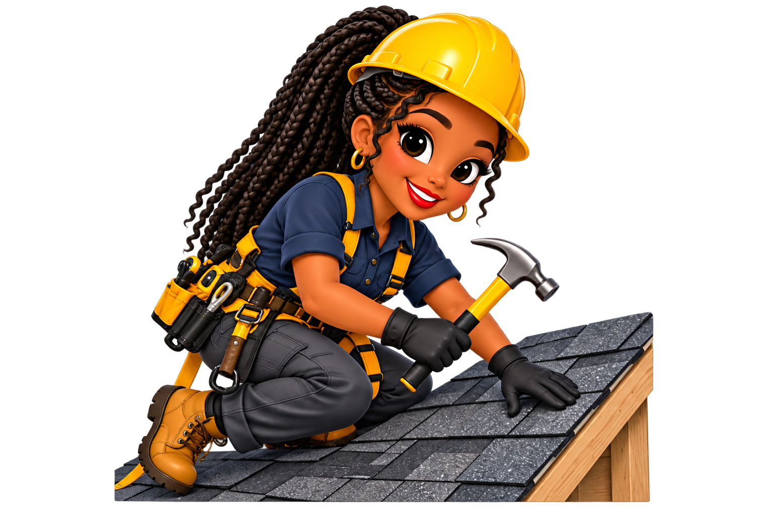 Annie in a hard hat positioning roof shingles with a hammer