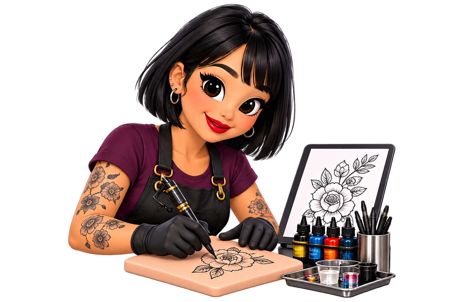 Annie drawing a floral tattoo on a practice pad