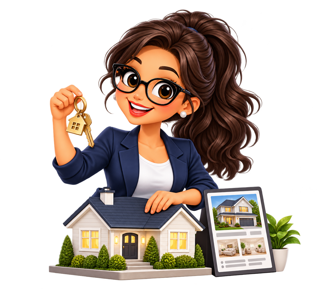 Brunette Annie holding house keys beside a model home and property listing