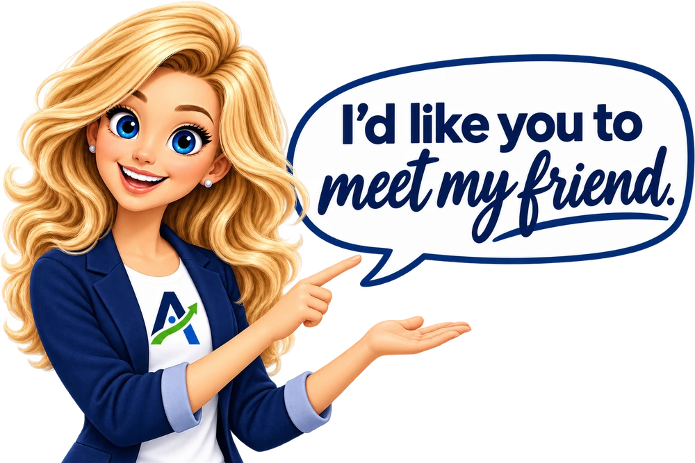 Annie from Annie's Action AI pointing to a speech bubble reading: I'd like you to meet my friend.