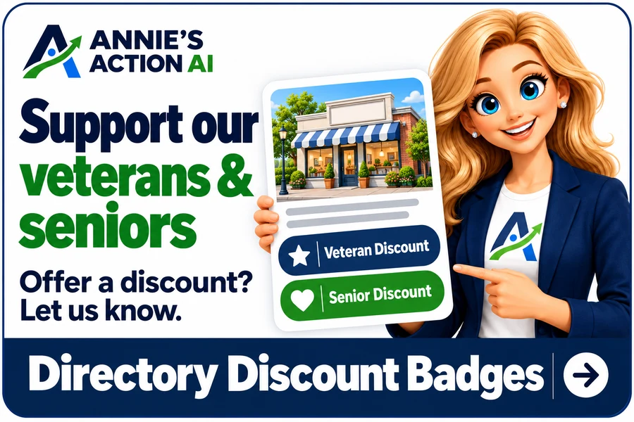 Blonde Annie presents Veteran Discount and Senior Discount badges on a business directory card