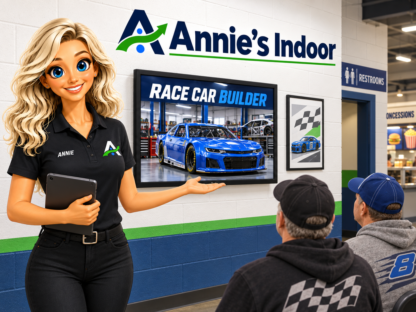 Annie presenting an indoor race-car-builder advertisement