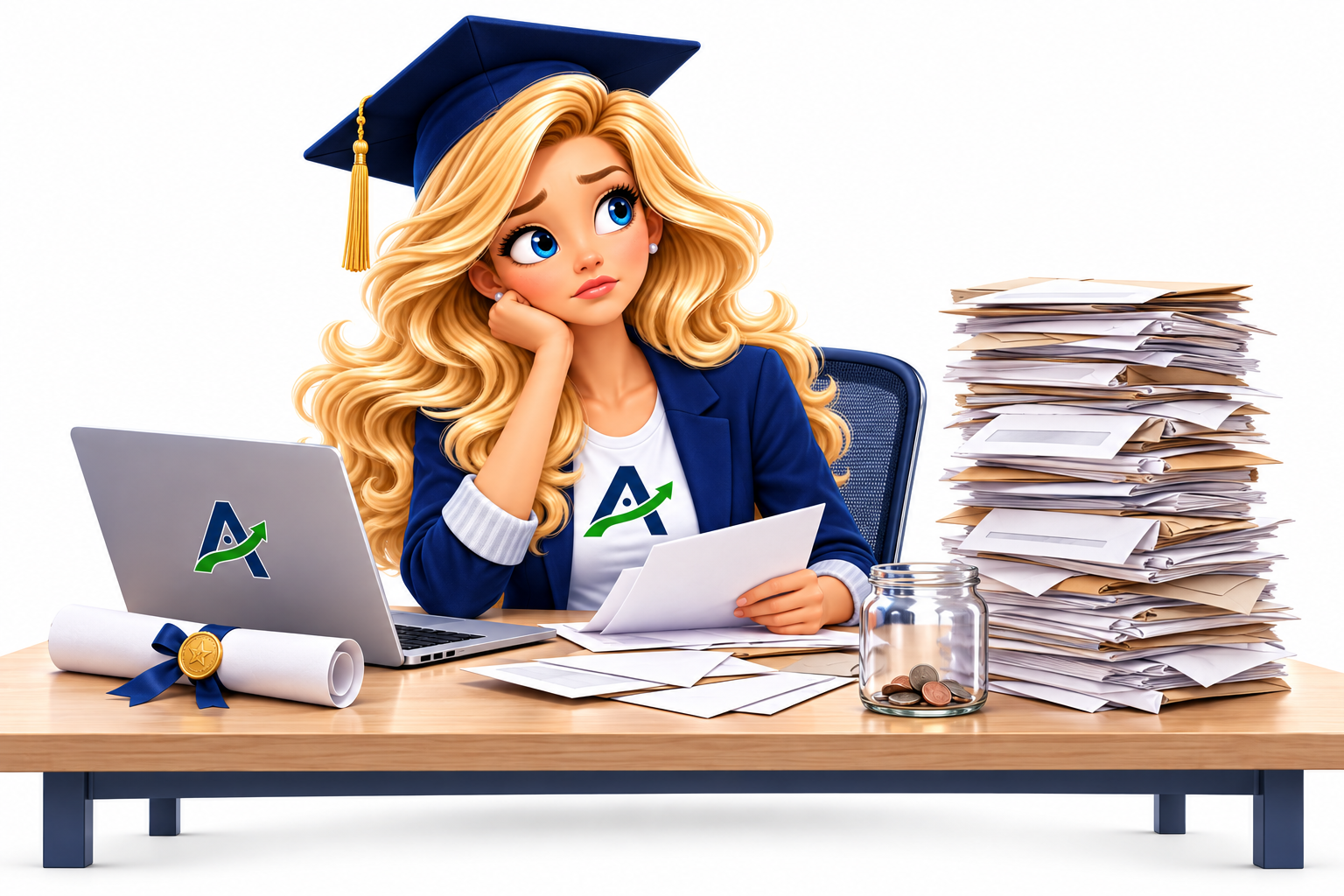 Graduate Annie facing a stack of student debt bills