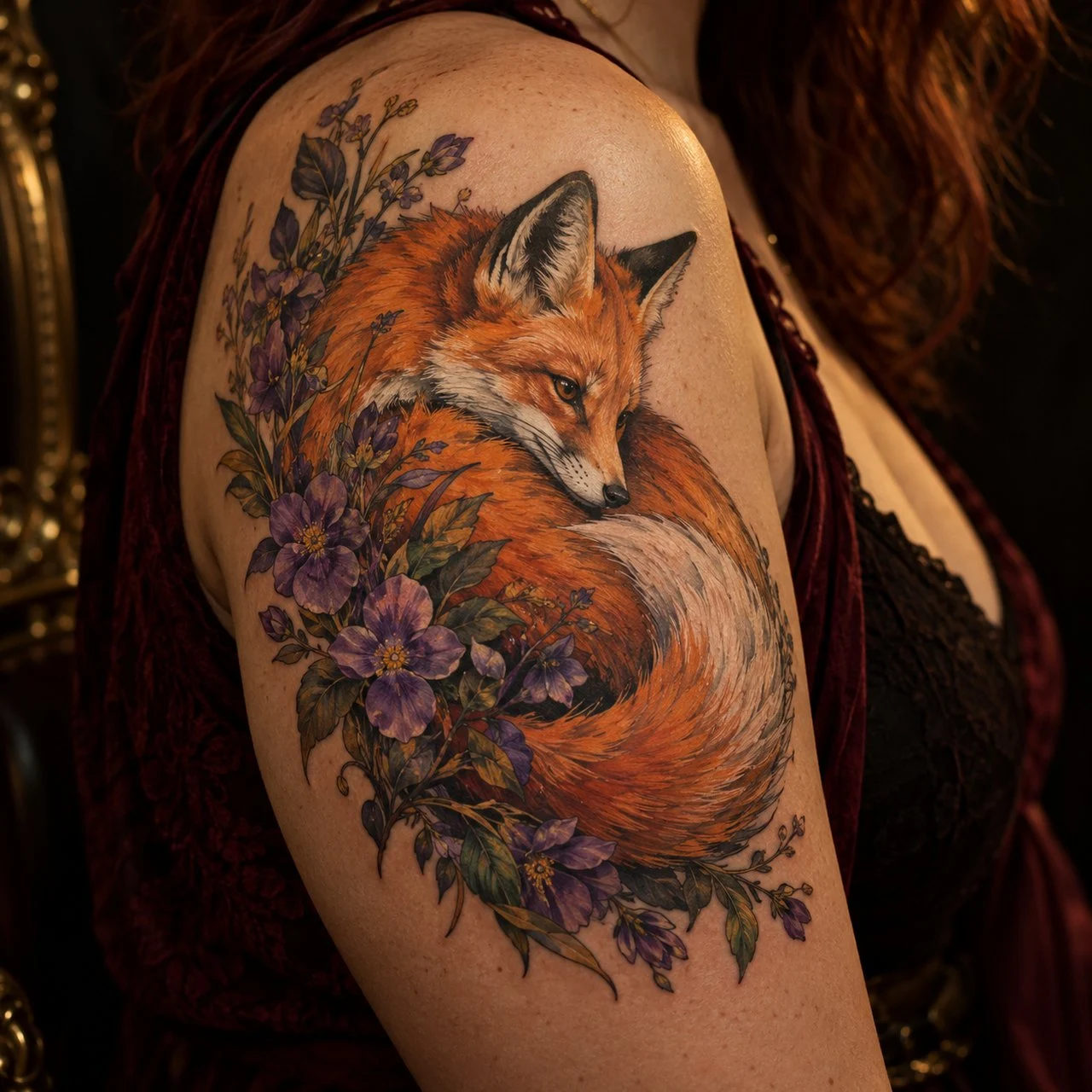 Illustrative fox and purple wildflowers tattoo
