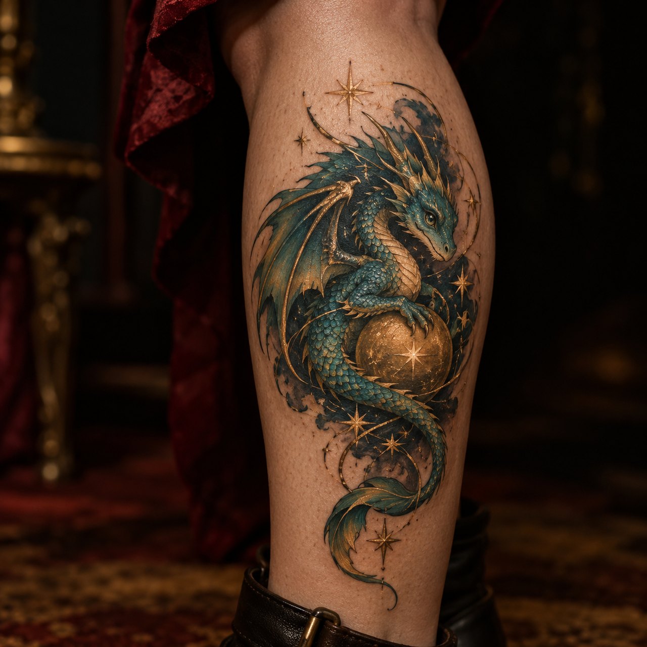 Teal dragon and golden stars tattoo