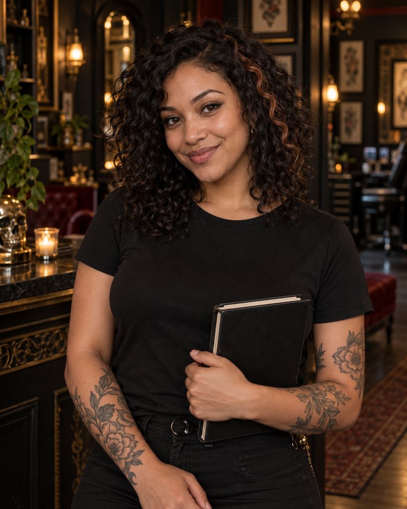 Maya, fictional front desk coordinator, smiling at the studio reception